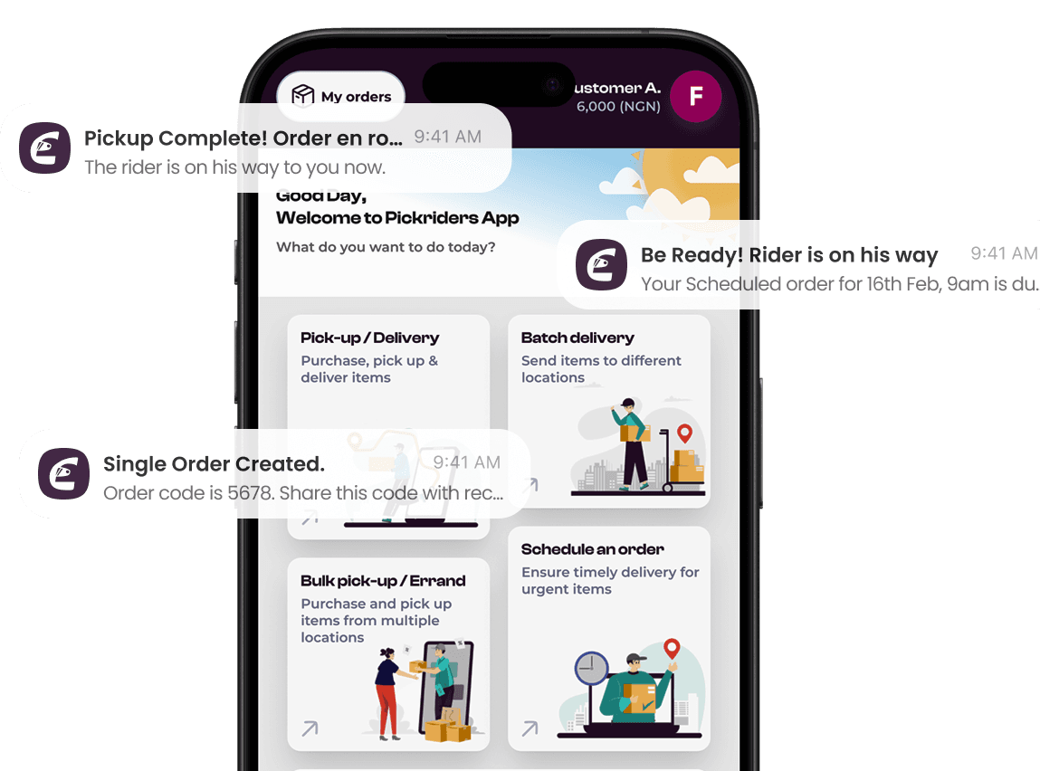 Pickriders app showing live order notifications