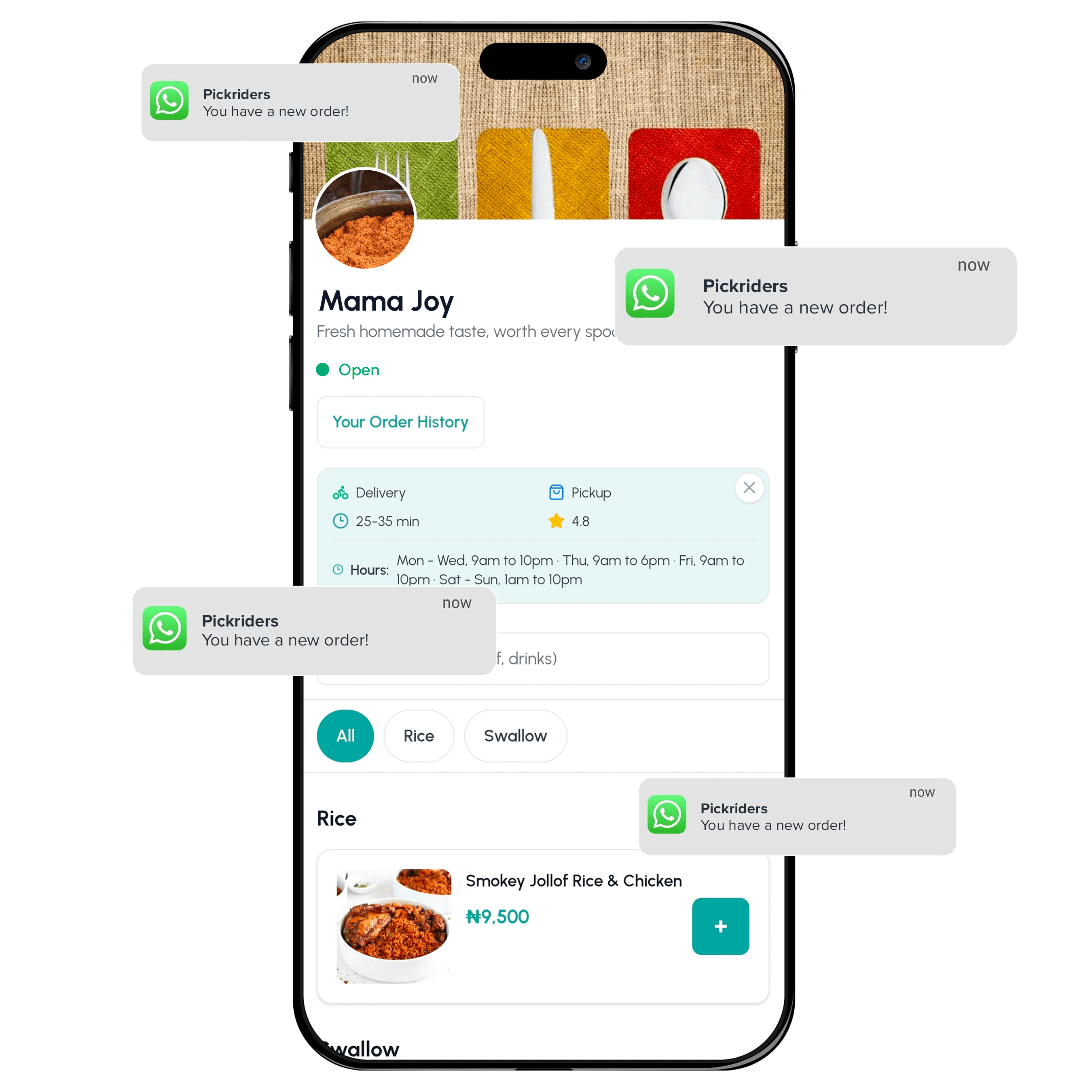 A Pickriders Store on WhatsApp with live order notifications